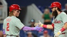 Philadelphia Phillies center fielder Brandon Marsh (16) celebrates with center fielder Harrison Bader (2) after hitting a two-run home ruin against the Miami Marlins during the fourth inning at loanDepot Park on Sept. 5, 2025. - Fox Business News