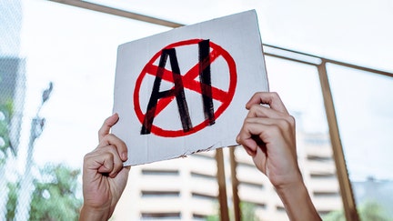 A stock image of a protester holding an anti-AI sign - Fox Business News