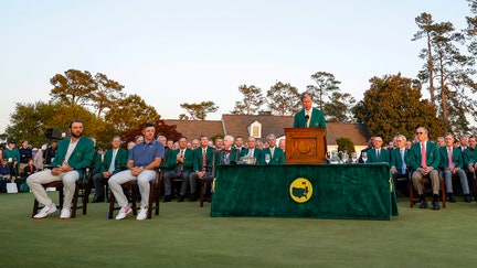 A general view as Augusta National Chairman Fred Ridley speaks during the Green Jacket Ceremony for Rory McIlroy of Northern Ireland after final round of the 2025 Masters Tournament at Augusta National Golf Club on April 13, 2025 in Augusta, Georgia.  - Fox Business News