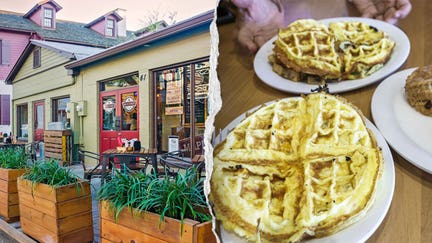 A Maple Street Biscuit Company in Florida next to some of its menu items.  - Fox Business News