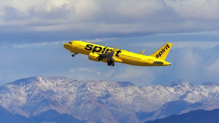 A Spirit Airlines commercial airliner flies after taking off from Las Vegas International Airport in Las Vegas, Nevada, U.S., February 8, 2024.  REUTERS/Mike Blake - Fox Business News