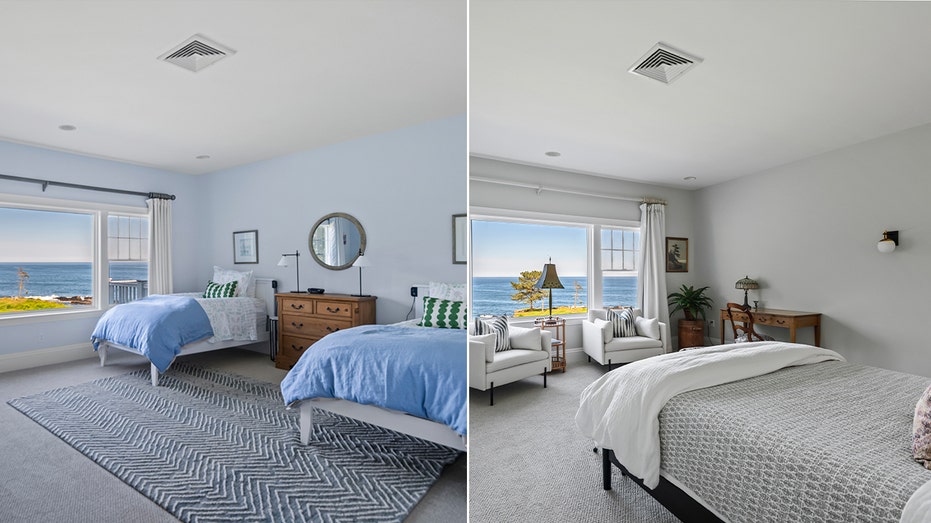 A split of two bedrooms with views of the ocean.