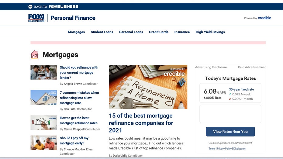 Credible mortgage page on FOX Business