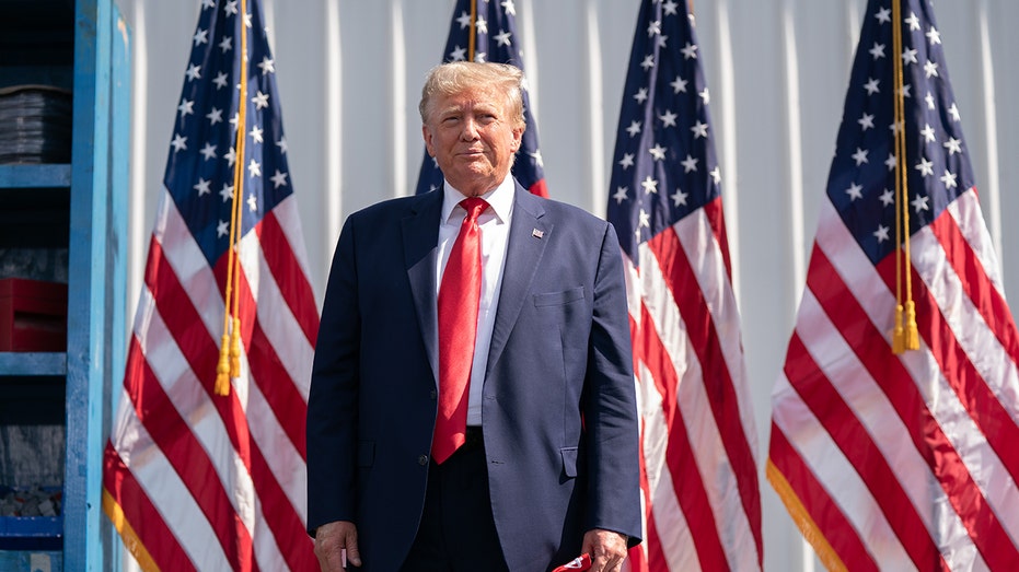 President Donald Trump stands in front of American flags. 