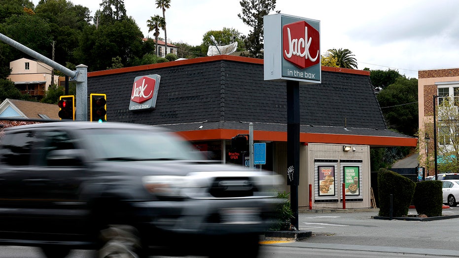 The car drives with jack with a box restaurant on April 25, 2025 in San Rafael, California. 