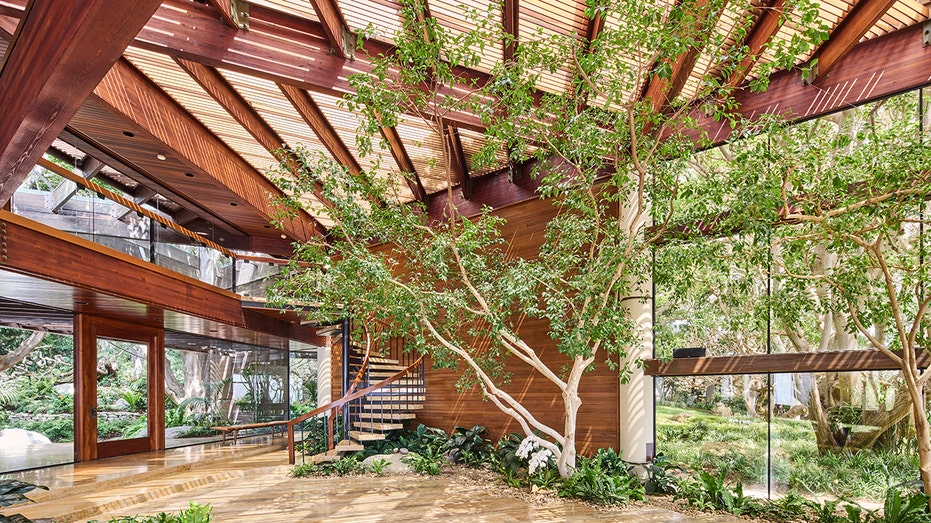 The entryway features a staircase leading to the upper levels as well as floor-to-ceiling glass windows.