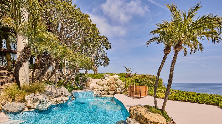 The swimming pool is lined with tall trees and stone.
