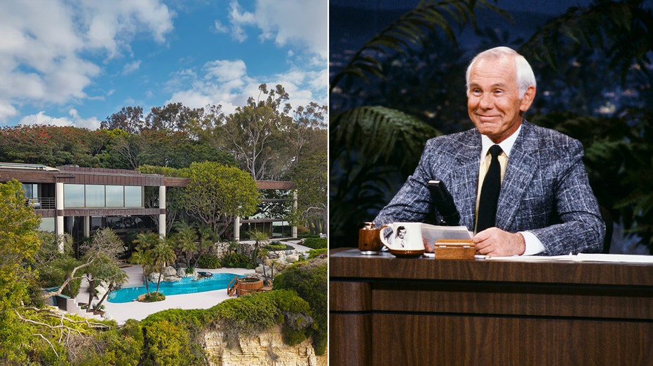 A split of the outside of a home with a pool and Johnny Carson sitting at his desk.