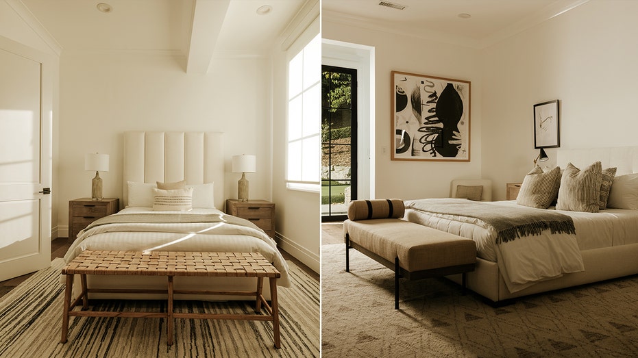 The home boasts 12 bedrooms, each of which are decorated with neutral colors.