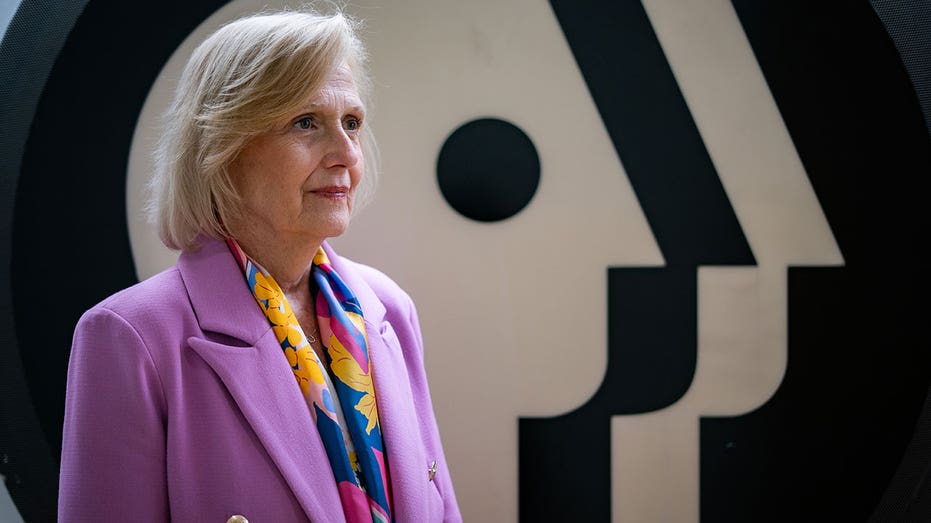 PBOS, CEO of PBS POLA Kerger, depicting a picture at the PBS headquarters in Arlington, Virginia, on July 14, 2025.