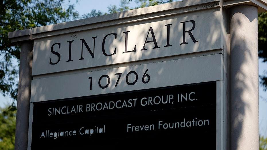 The sign for Sinclair Broadcast Group, Inc. is seen near their headquarters on July 17, 2024 in Cockeysville, Maryland. 