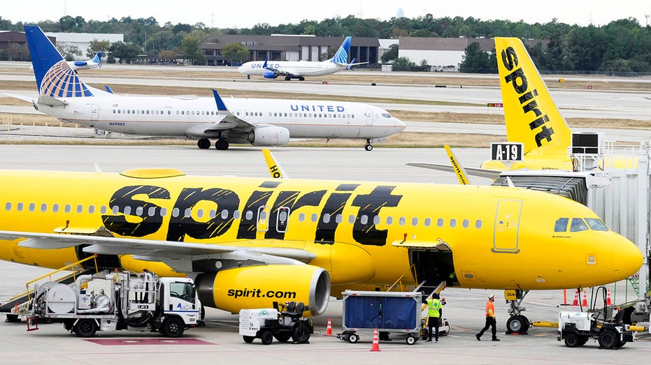 Ground crews work to prepare a Spirit Airlines plane as a United Airlines plane passes by at George Bush Intercontinental Airport