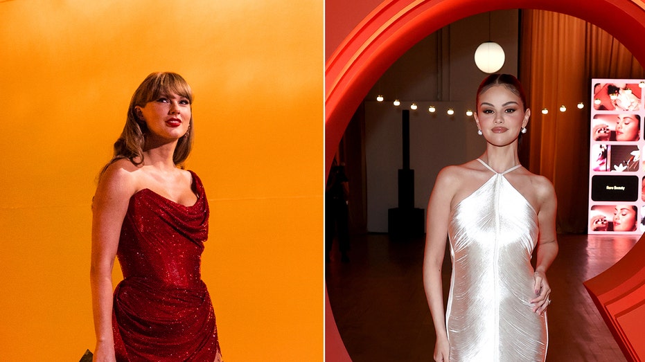 A split of Taylor Swift at the Grammys and Selena Gomez at a Rare Beauty event.