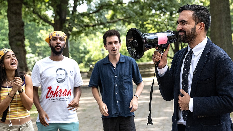 Zohran Mamdani, New York City mayoral candidate, speaks at a campaign canvass event in Prospect Park, Brooklyn, on August 17, 2025, addressing a group of supporters.