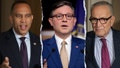 Speaker Mike Johnson (center) has put the onus on Democrat Rep. Hakeem Jeffries (left) and Sen. Chuck Schumer (right) for government shutdown challenges. - Fox News
