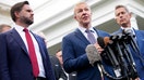United Airlines CEO Scott Kirby, center, joined by U.S. Vice President JD Vance and Transportation Secretary Sean Duffy, speaks to reporters outside the White House on Thursday, Oct. 30, 2025 in Washington, D.C. Kirby, joined with Vance, Duffy and other members of the airlines industry for a roundtable discussion on the impacts of the government shutdown.  - Fox Business News