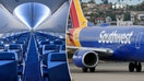 A split view shows Southwest Airlines’ updated Boeing 737 MAX 8 cabin with new RECARO seating and modern blue lighting, paired with the airline’s signature blue, red, and yellow aircraft exterior — part of a major push to elevate its onboard experience. - Fox Business News