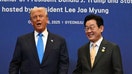 South Korea's President Lee Jae Myung (R) receives US President Donald Trump for a special dinner hosted in his honour and state leaders at the Hilton Gyeongju hotel in Gyeongju on Oct. 29, 2025. - Fox Business News