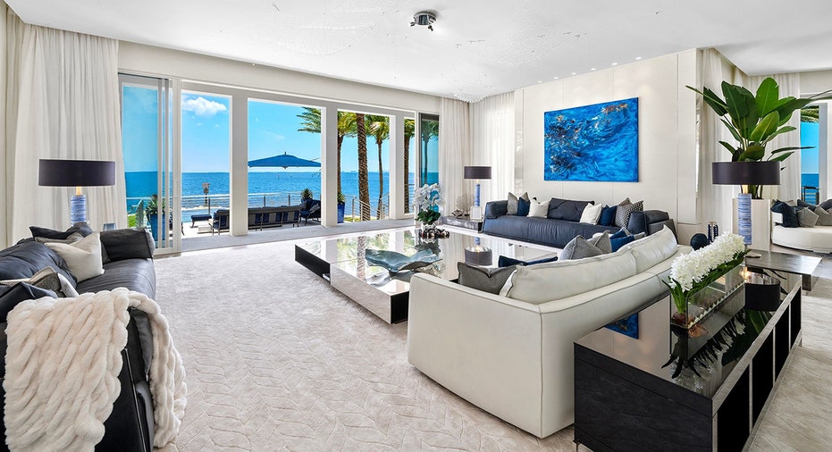 Coral Gables home living room with ocean view