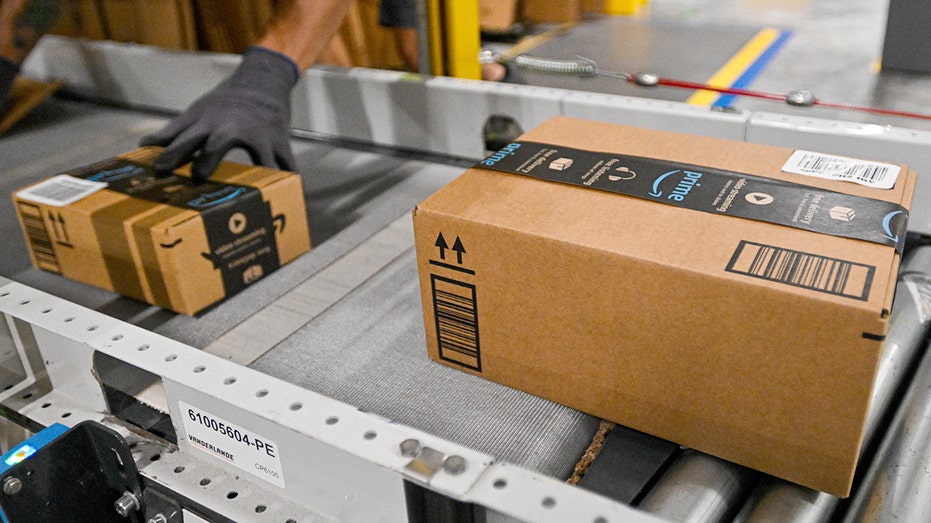 Packages on a conveyor belt at the Amazon.com Inc. DAB2 fulfillment center in Florida.