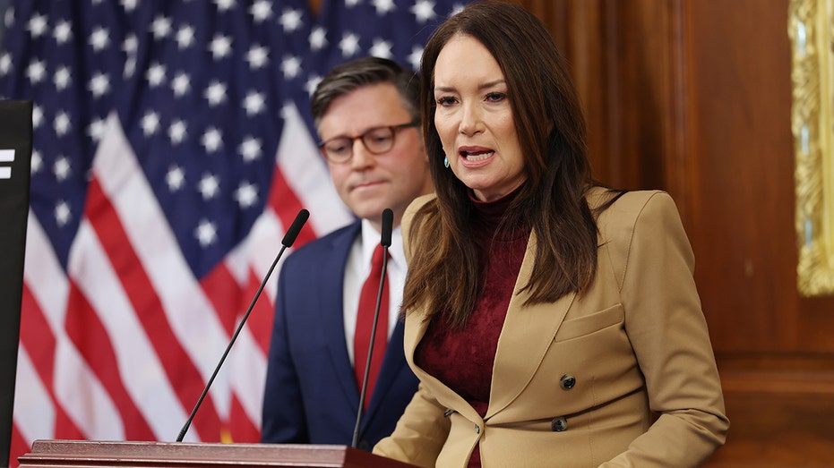 Agriculture Secretary Brooke Rollins speaks alongside U.S. Speaker of the House Mike Johnson