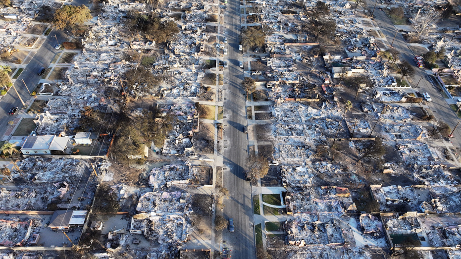 An aerial view of destroyed homes in California after a fire