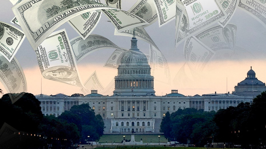 The money shown falls on the Capitol building in DC