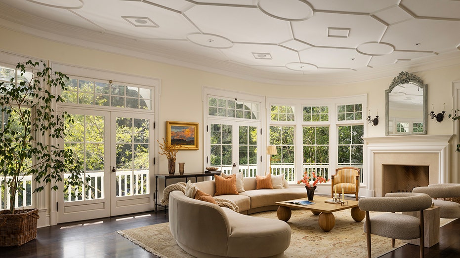 The residential room shows a wooden burning fire and a ceiling of geometric design.