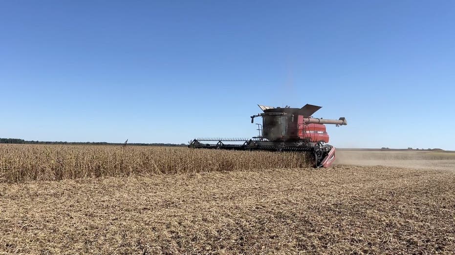 Combine harvesting soybeans in a wide Illinois field.