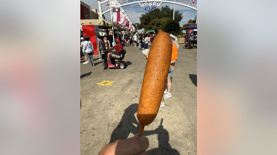 A Fletcher's corny dog hot dog on a stick.