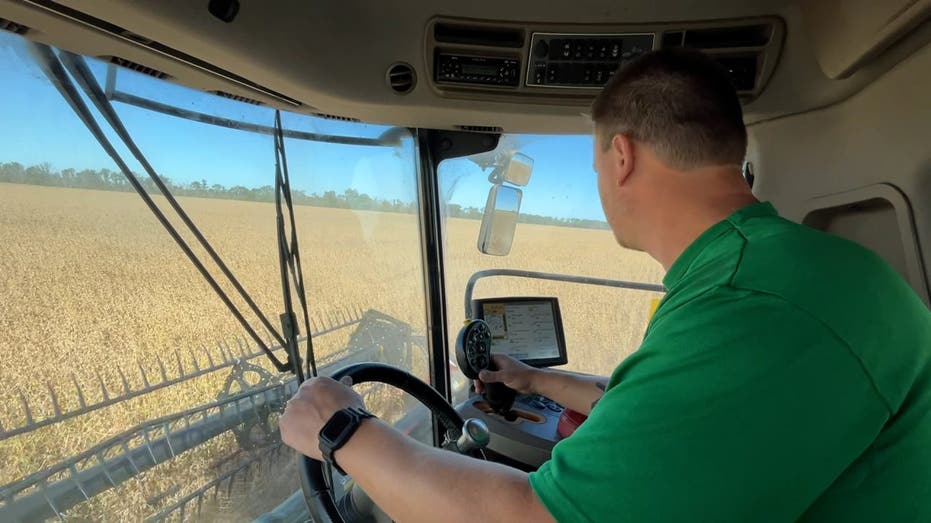 Farmer operates a combine while harvesting soybeans in Illinois.