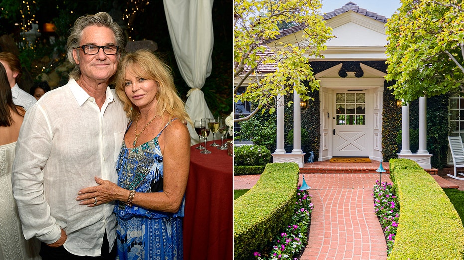 A split of Kurt Russell and Goldie Hawn at a party and the outside of their former home.
