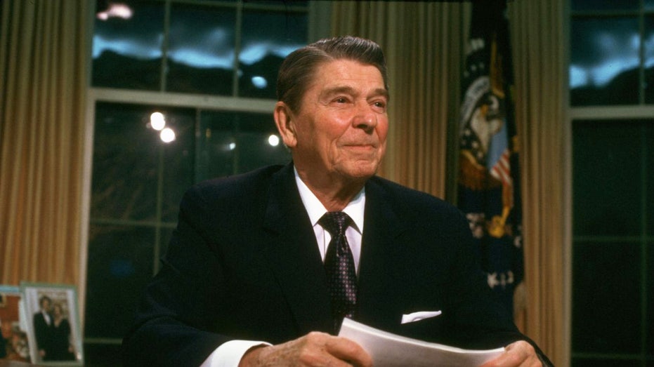 Ronald Reagan delivers an address