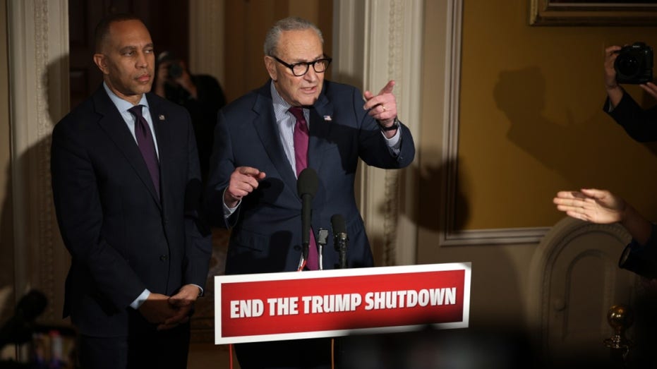 Senate Minority Leader Sen. Chuck Schumer and House Minority Leader Rep. Hakeem Jeffries brief members of the press during a news conference on the government shutdown.