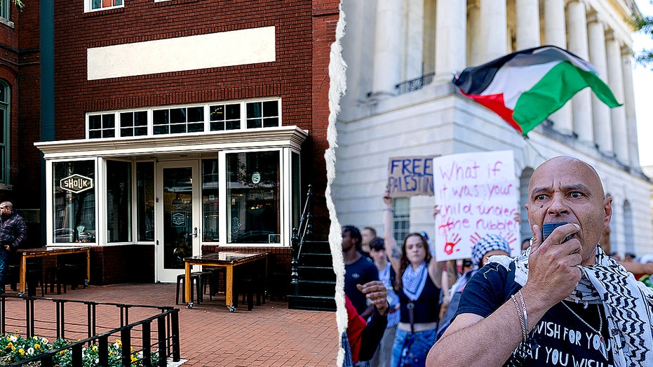 Shouk exterior; Palestinian protesters in Washington, DC