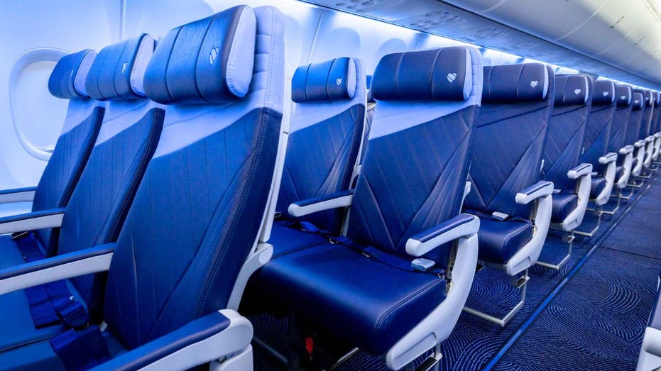 Southwest Airlines Extra Legroom RECARO R2 seats with blue sunray design.