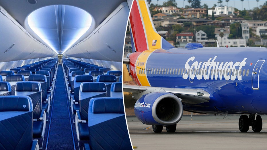 Split image of Southwest Airlines’ new Boeing 737 MAX 8 cabin interior and aircraft exterior on runway.