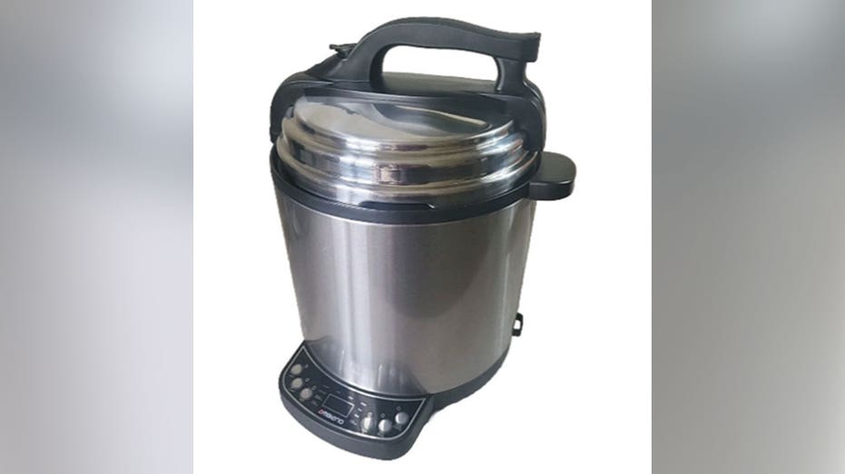 Stainless steel Ambiano Electric Pressure Cooker with black handles and digital control panel.