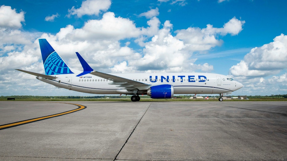 A United Airlines Boeing 737 Max 8.