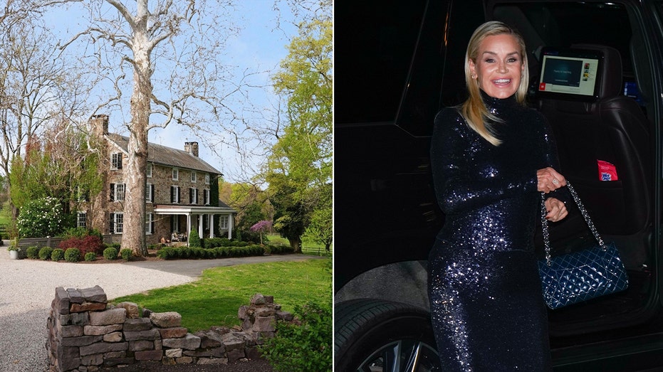 A split of the outside of the home and of Yolanda Hadid in New York.