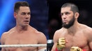 (Left) Feb 1, 2025; Indianapolis, IN, USA; John Cena during the Men’s Royal Rumble match during the WWE Royal Rumble at Lucas Oil Stadium. (Right) Islam Makhachev (red gloves) fought Dustin Poirier (blue gloves) during UFC 302 at Prudential Center in Newark, New Jersey, on June 1, 2024. - Fox Business News