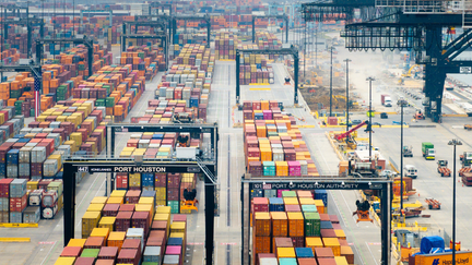 In an aerial view, shipping containers are organized at the Houston Port of Authority on February 10, 2025 in Houston, Texas. - Fox Business News