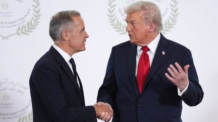 President Donald Trump greets Canada&rsquo;s Prime Minister Mark Carney during a world leaders&rsquo; summit on ending the Gaza war on Oct. 13, 2025, in Sharm El-Sheikh, Egypt.  - Fox Business News