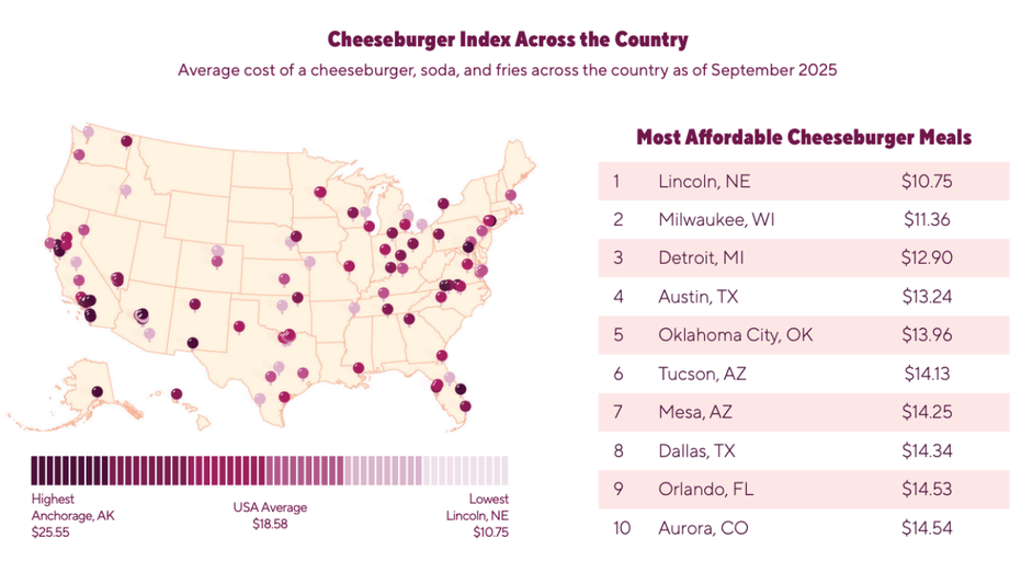 A DoorDash graphic showing the "Cheeseburger Index" a measure of affordability in the United States.