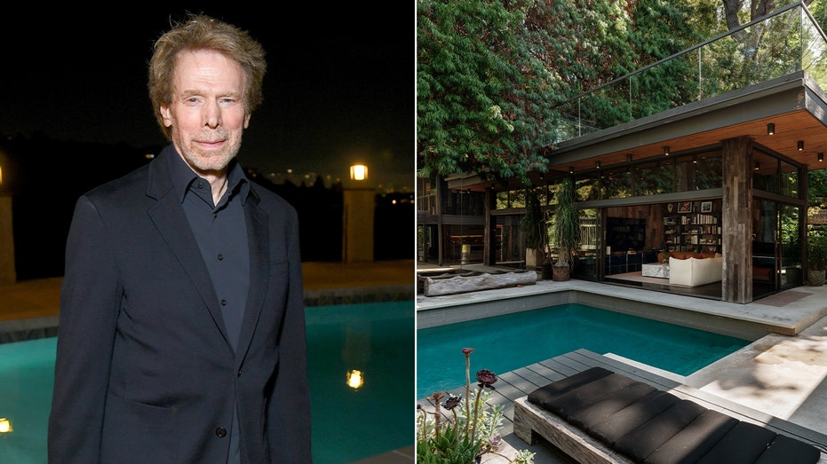 A split image of Jerry Bruckheimer and his former home in the Hollywood Hills.
