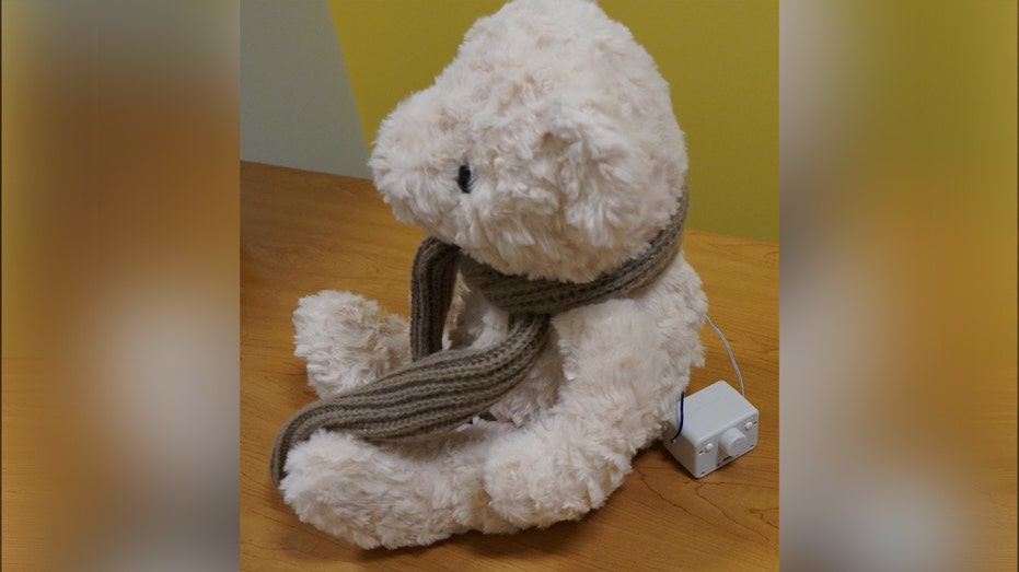 electrical box hanging outside white teddy bear