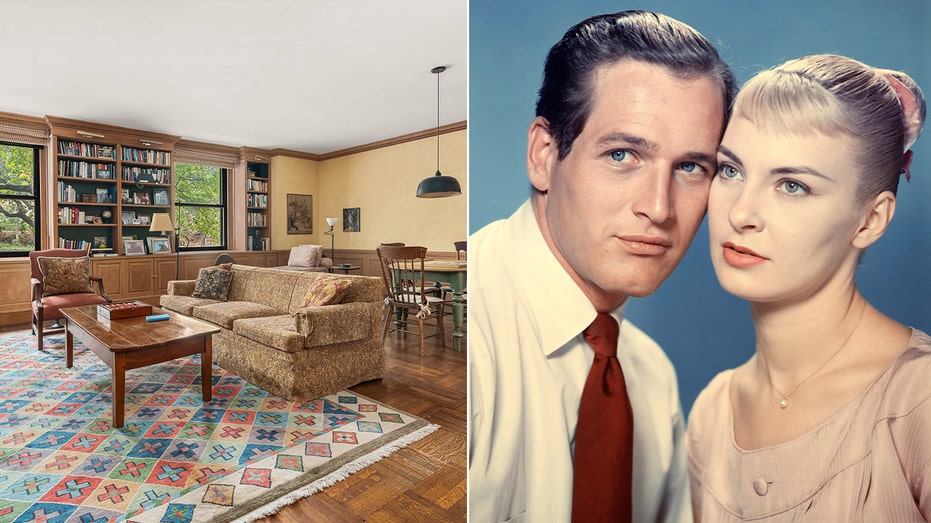 A split of the inside of a house and a portrait of Paul Newman and Joanne Woodward from the 1958 movie "The Long Hot Summer."