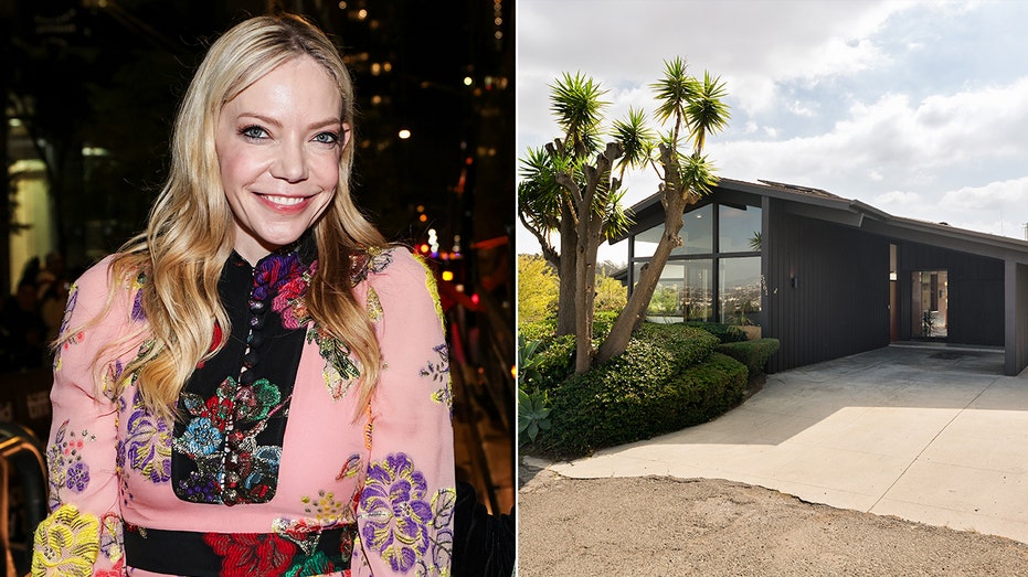 A split of Riki Lindhome in a pink dress and the outside of her home.