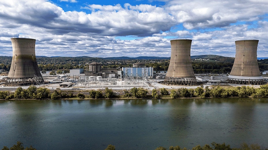 Cooling towers at the Three Mile Island nuclear power plant.