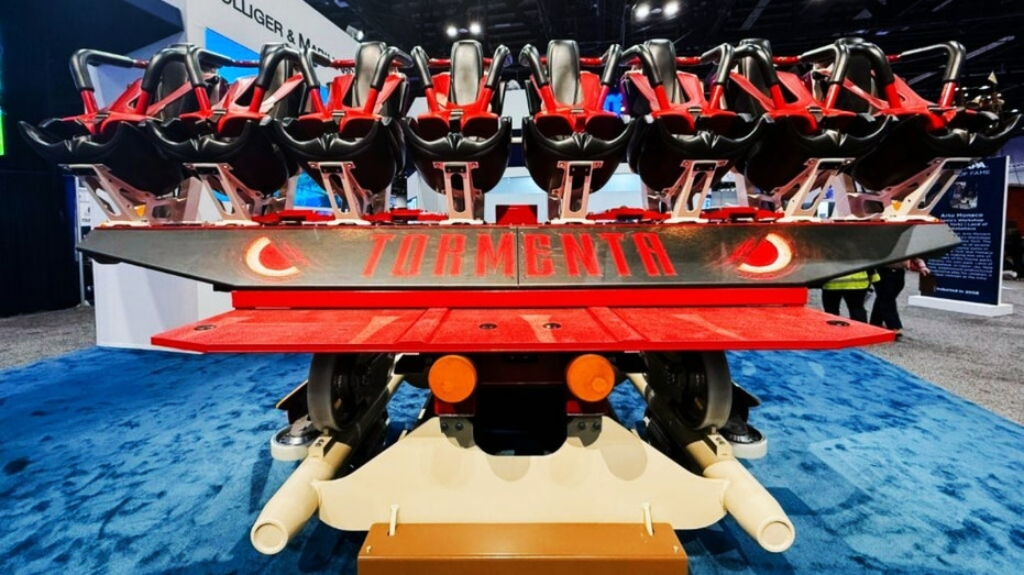 Front view of Six Flags Over Texas' Tormenta Rampaging Run roller coaster.